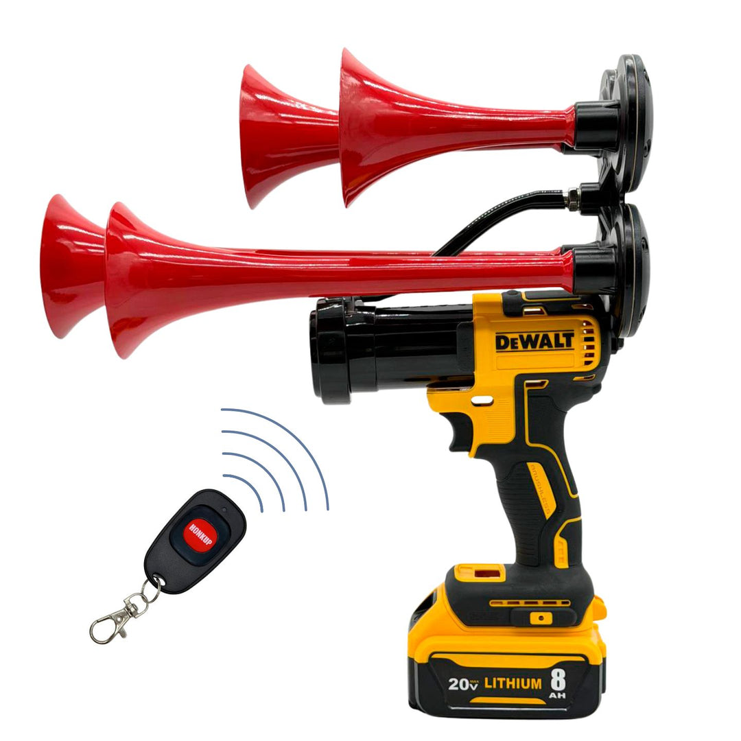 A DeWalt cordless air horn device with two red horn nozzles, honkup