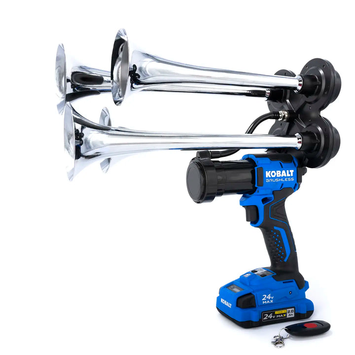Impact Train Air Horn Compact Quad Pro Train Horn Compatible with Kobalt 24V batteries Chrome