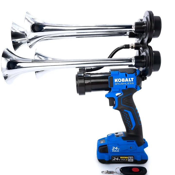 Impact Train Air Horn Compact Quad Pro Train Horn Compatible with Kobalt 24V batteries Chrome