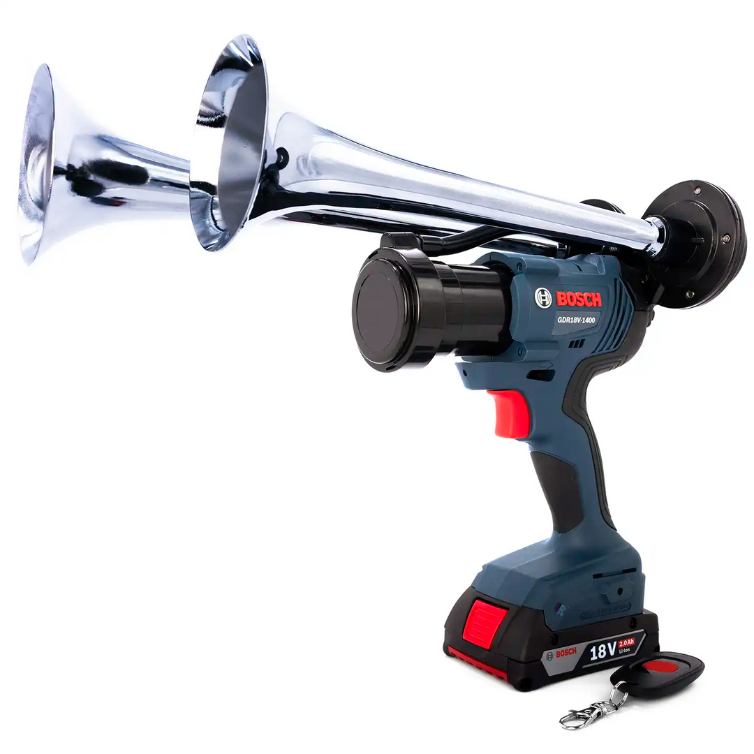 Train Horn for Bosch Batteries - Dual Model silver edition with two metal trumpets and wireless remote control