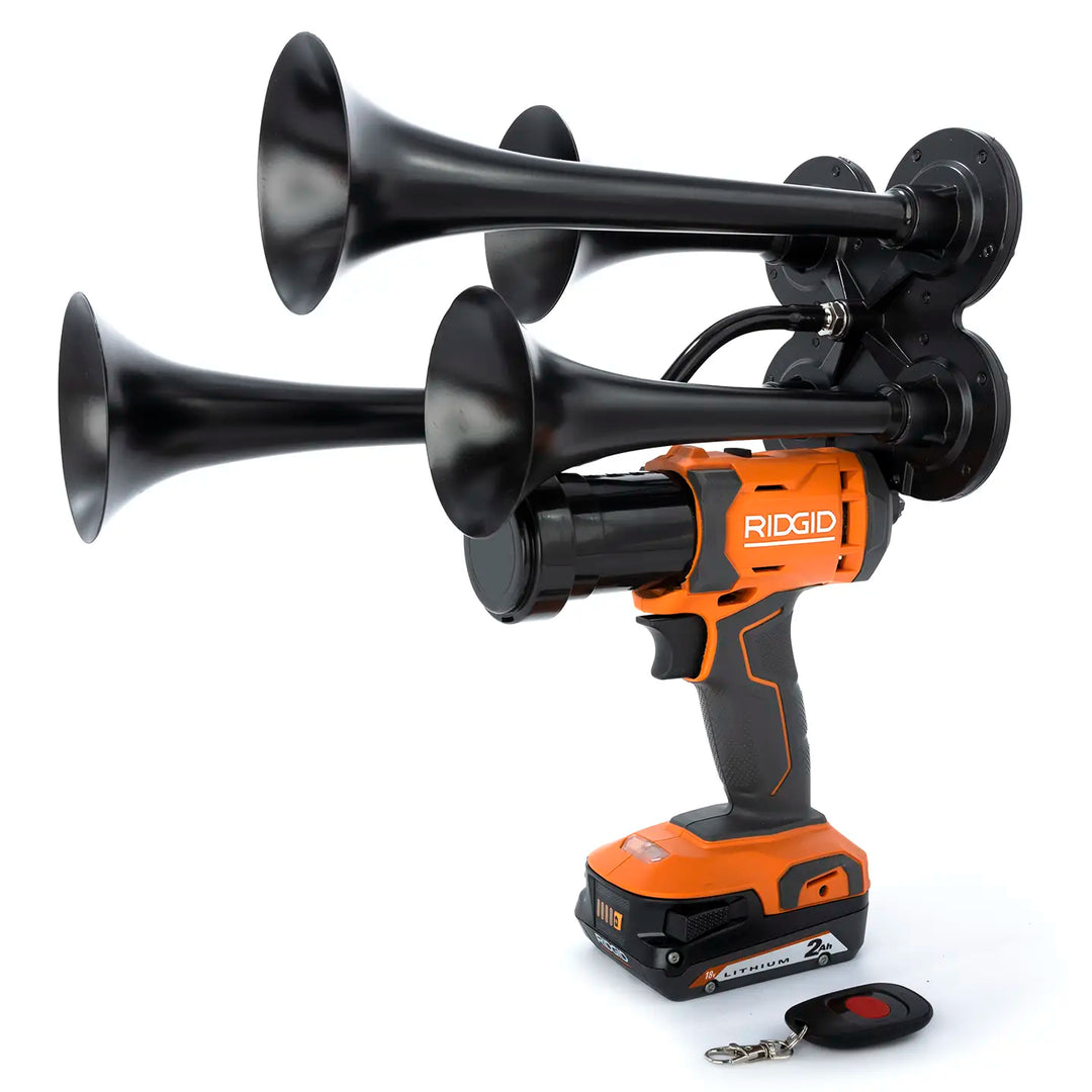 Impact train air horn compatible with Ridgid 18V Batteries | Quad Model with four metal trumpets and wireless remote control 