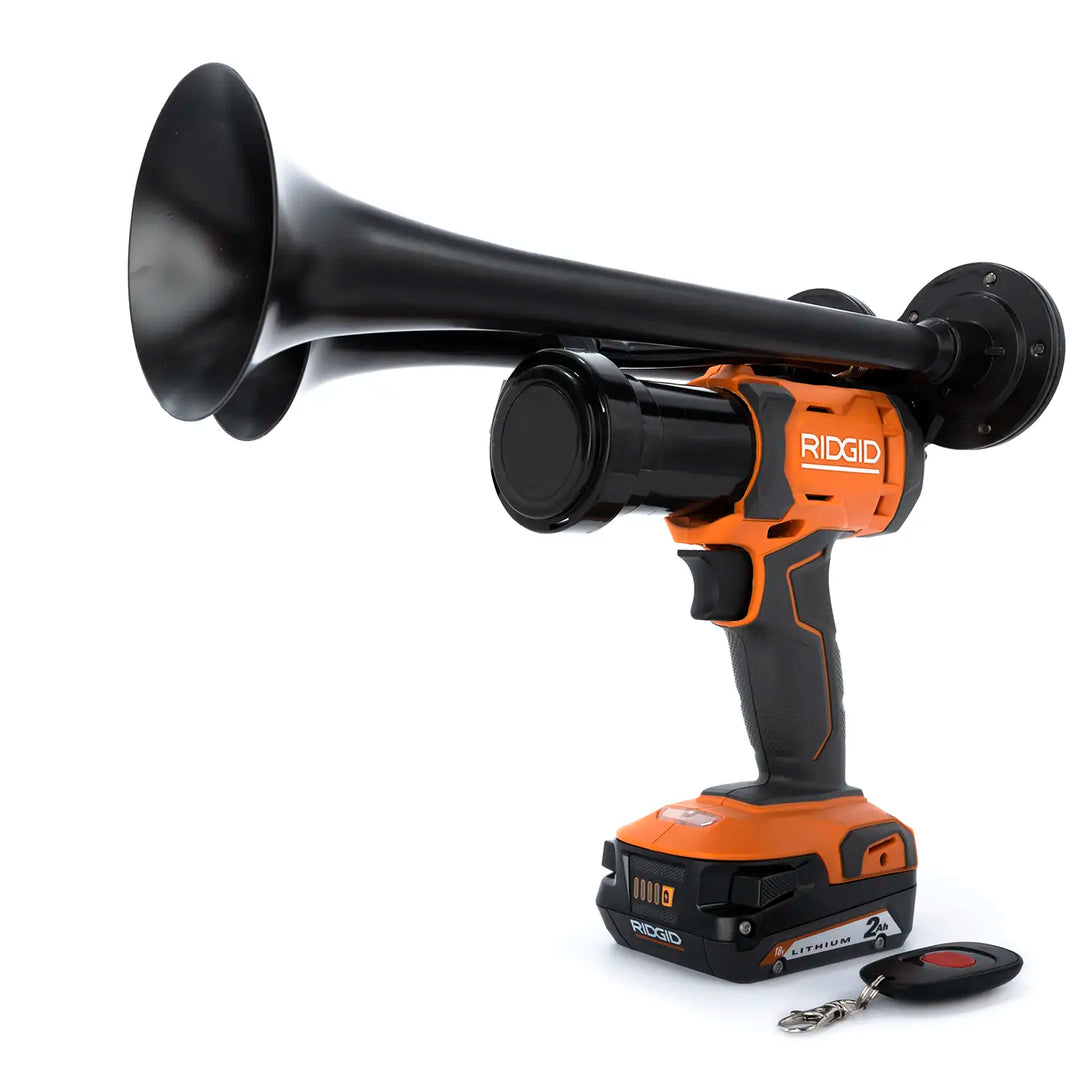 Impact train air horn compatible with Ridgid 18V Batteries | Dual Model black edition with two metal trumpets and remote control 