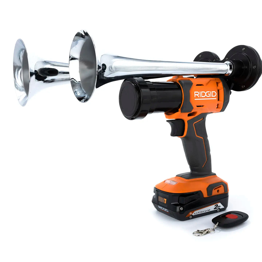 Impact train air horn compatible with Ridgid 18V Batteries |  Compact Dual Model silver edition with two trumpets and wireless remote control