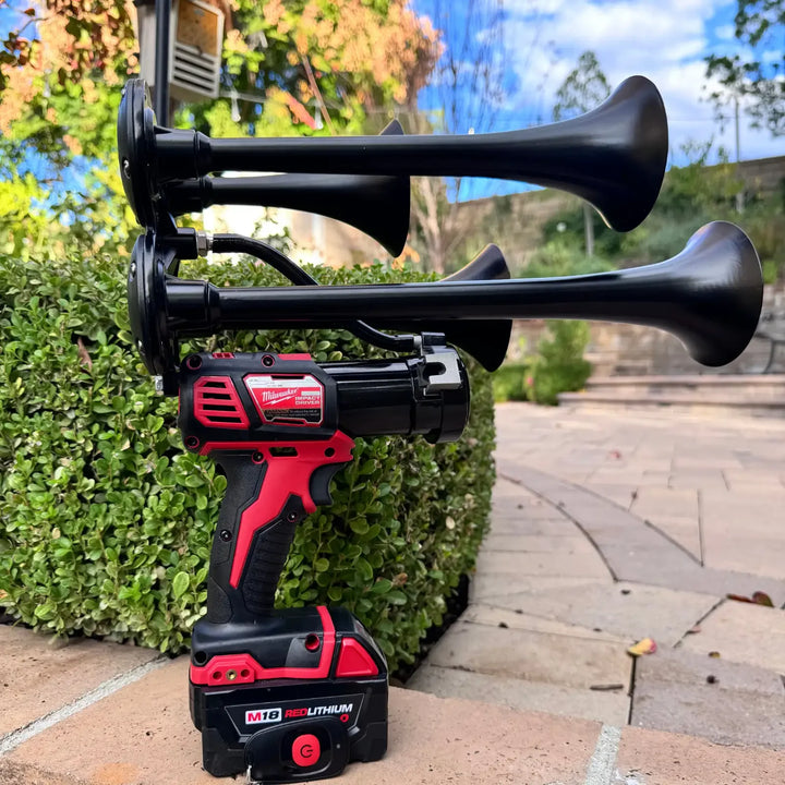 Impact Train Air Horn Drill for Milwaukee Batteries Quad Black Trumpets with Remote Control