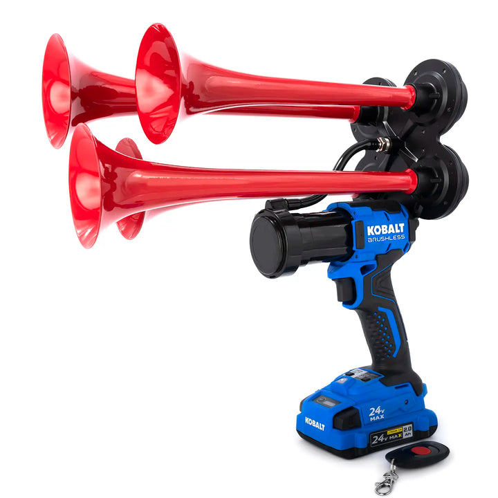 Kobalt train horn drill Pulsefire Premium Extreme Edition red model with four metal trumpets and wireless remote 150dB