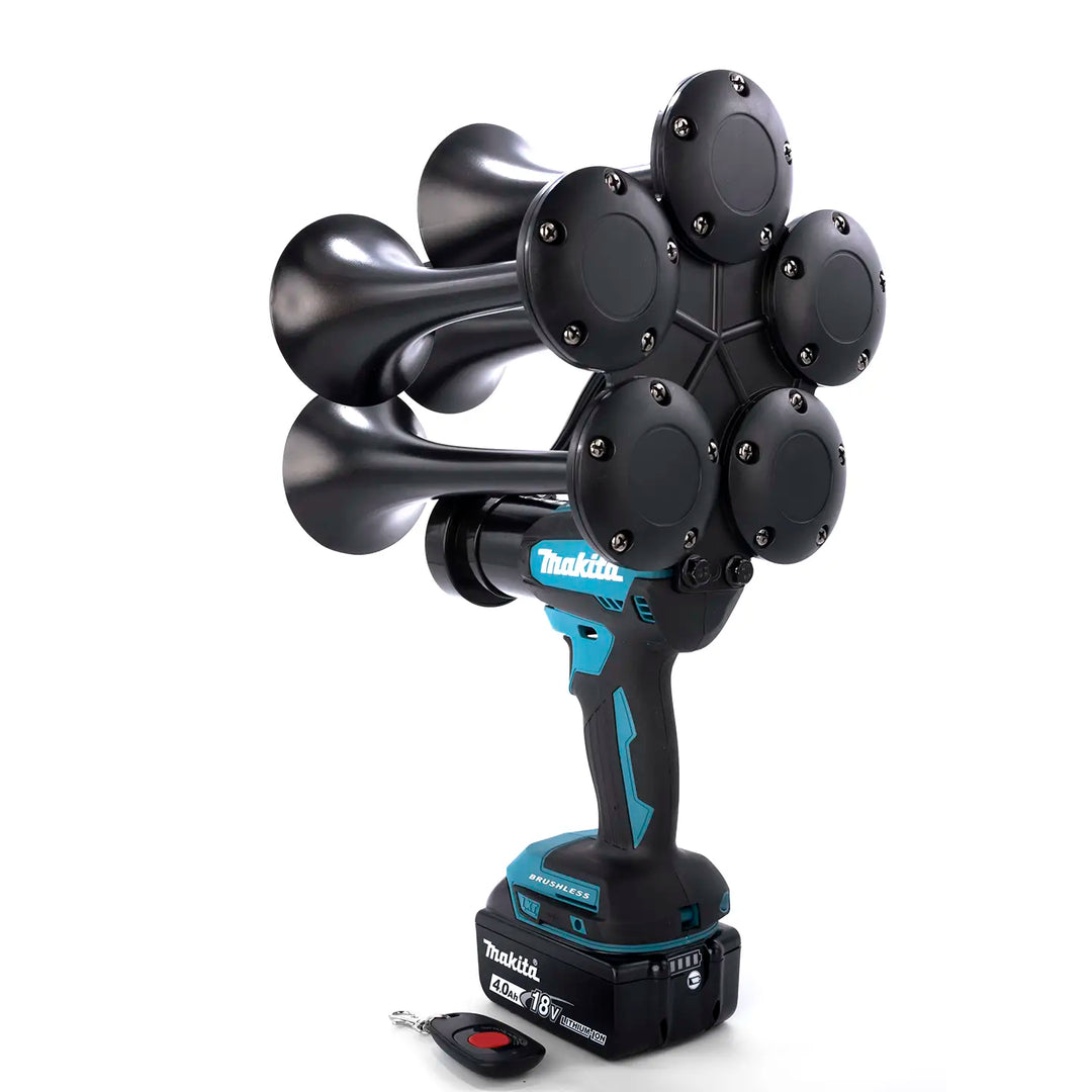 Makita impact train air horn drill with five black trumpets and wireless remote