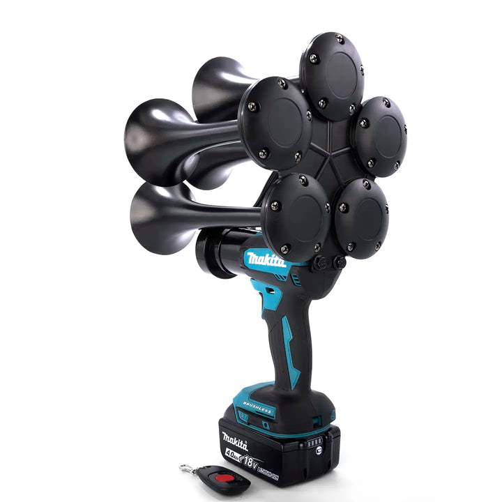 Makita impact train air horn drill with five black trumpets and wireless remote