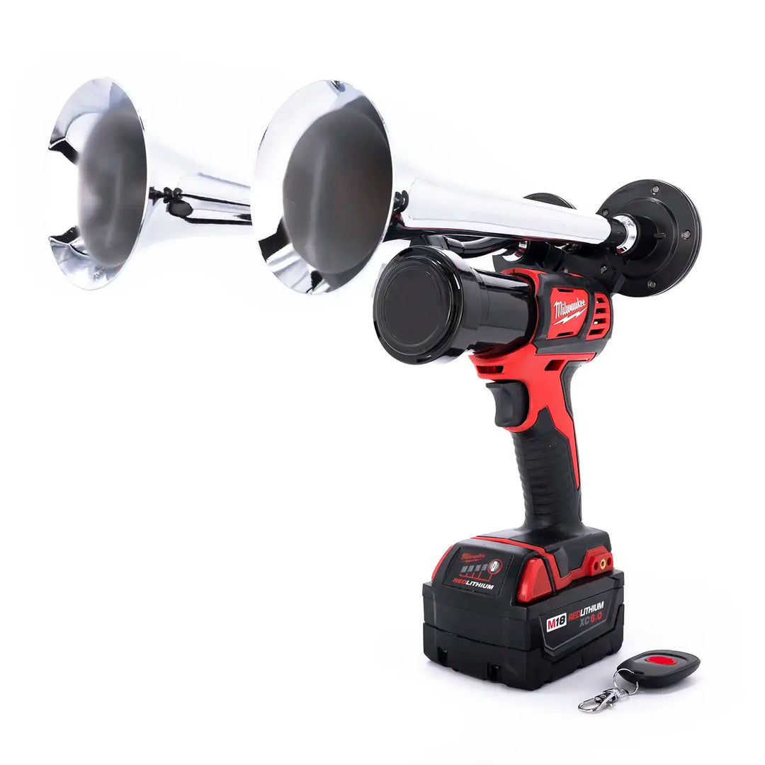 Milwaukee chrome Compact Dual train horn portable air horn built from authentic M18 impact drill