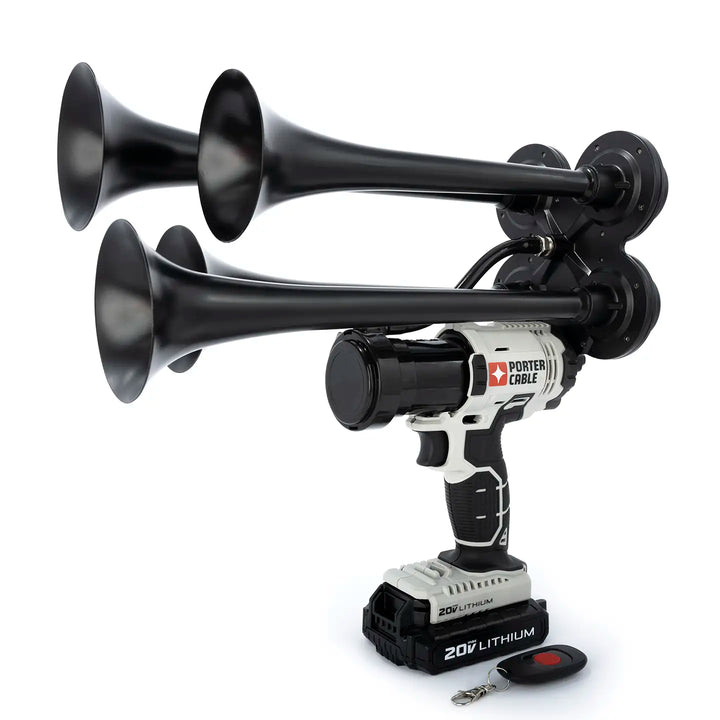 Porter Cable train horn drill Pulsefire Premium Extreme Edition black model with four metal trumpets and remote control 150dB