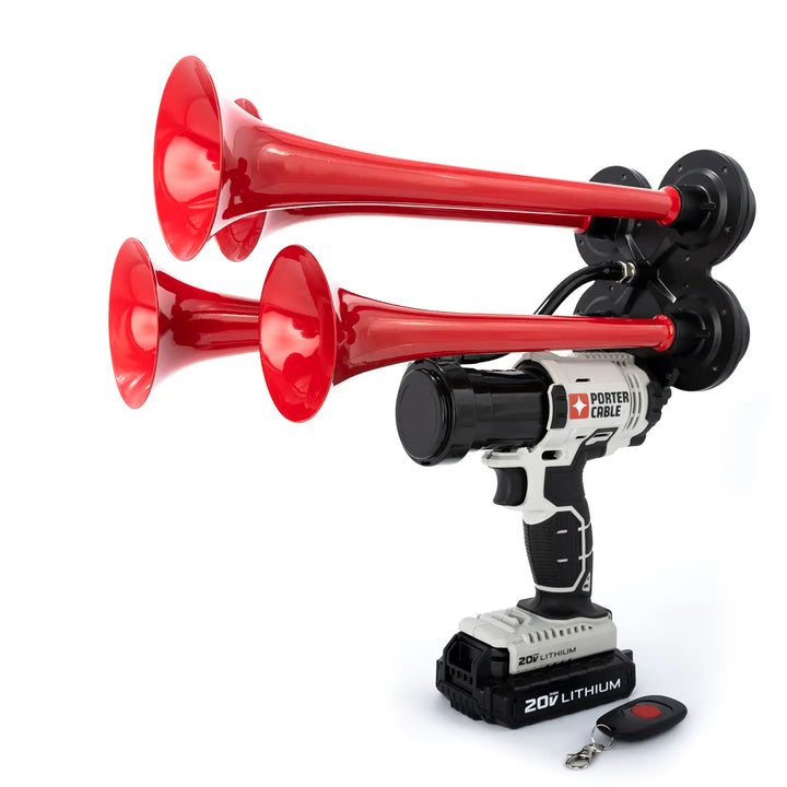 Porter Cable train horn drill Pulsefire Premium Extreme Edition red model with four metal trumpets and wireless remote 150dB
