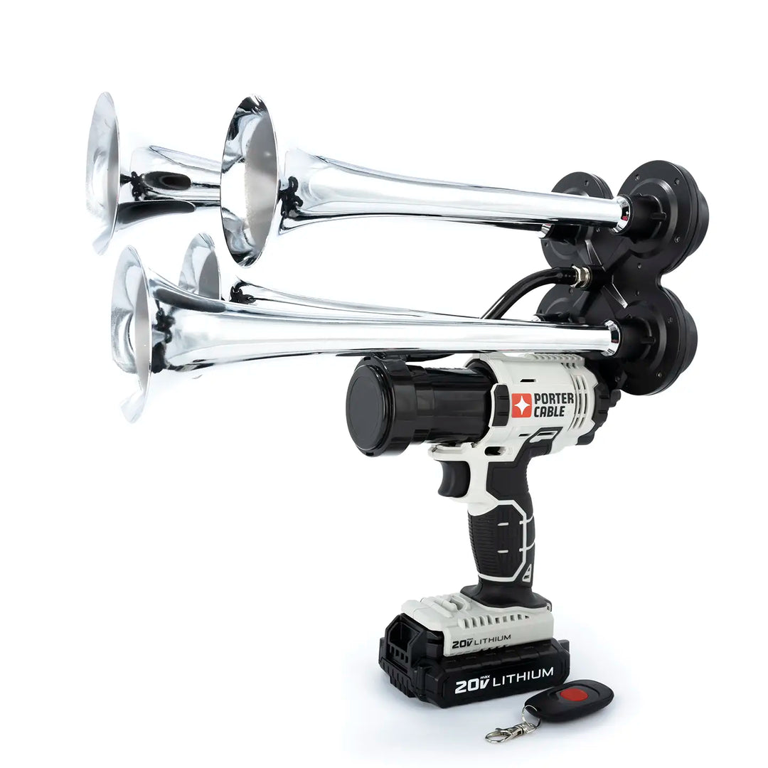 Porter Cable train horn drill Pulsefire Premium Extreme Edition silver model with four metal trumpets and wireless remote 150dB