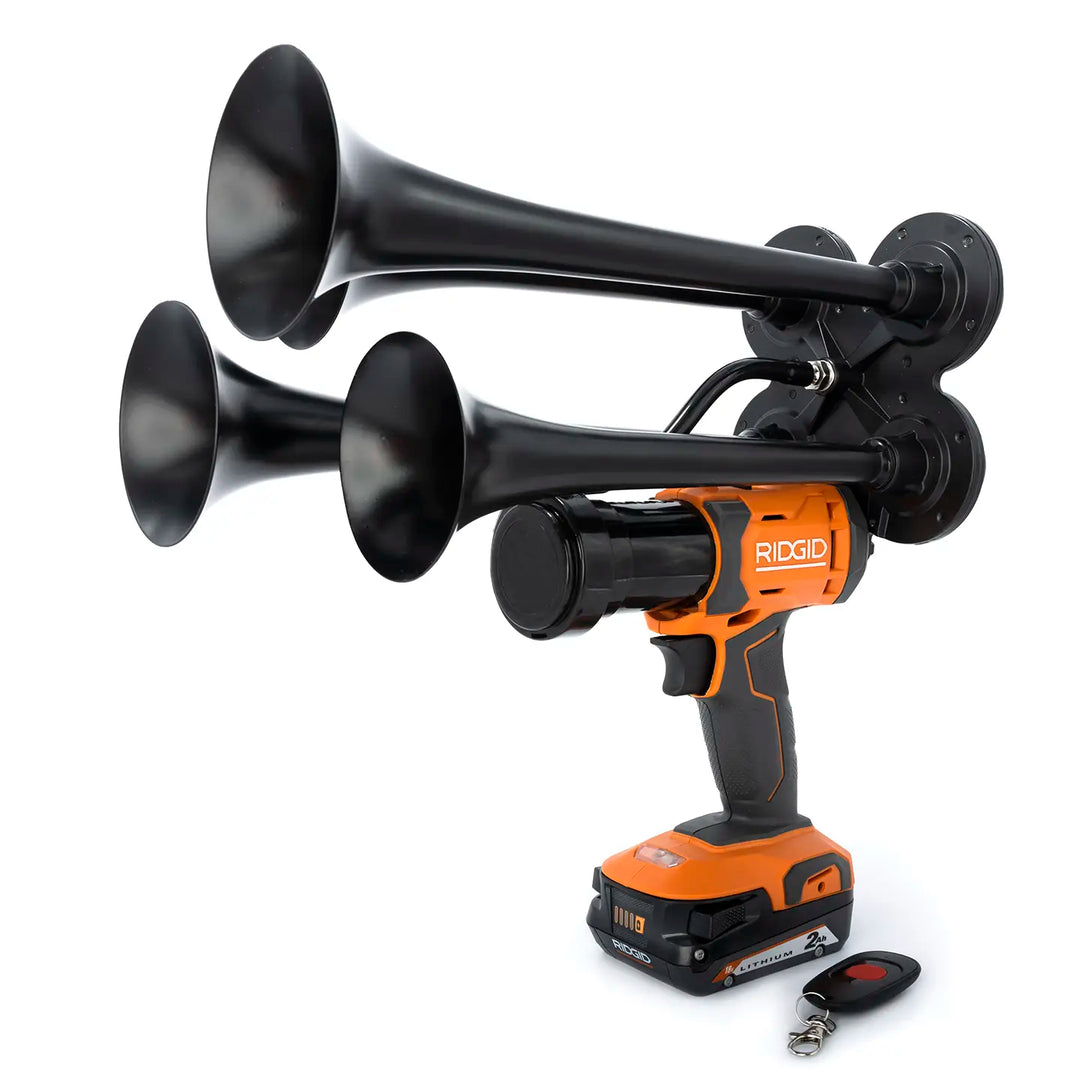 Ridgid train horn drill Pulsefire Premium Extreme Edition black model with four metal trumpets and remote control 150dB