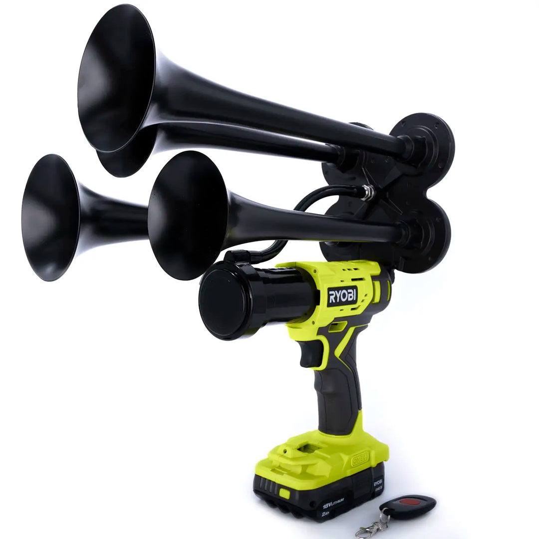 Ryobi train horn drill Pulsefire Premium Extreme Edition with remote control and four metal trumpets