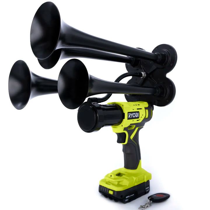 Ryobi train horn drill Pulsefire Premium Extreme Edition with remote control and four metal trumpets