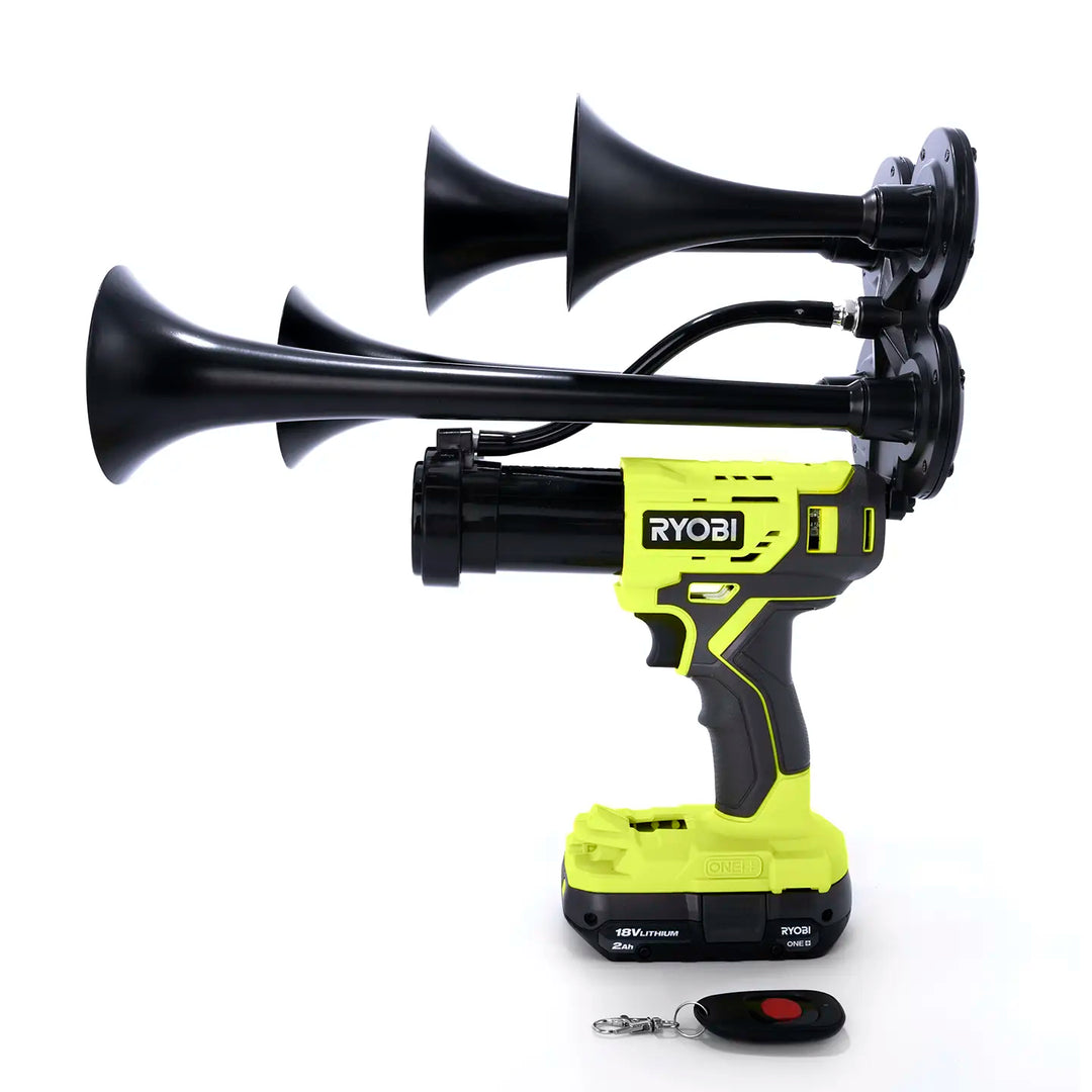 Portable Ryobi 18V cordless train horn Core Edition handheld quad air horn with wireless remote