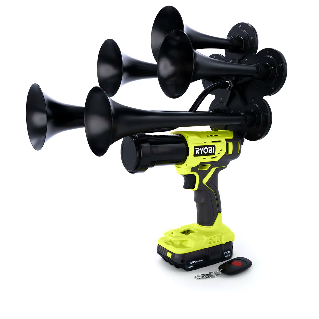 Handheld Ryobi Thunderstrike train horn quantiple 5 trumpet design ready to use out of the box