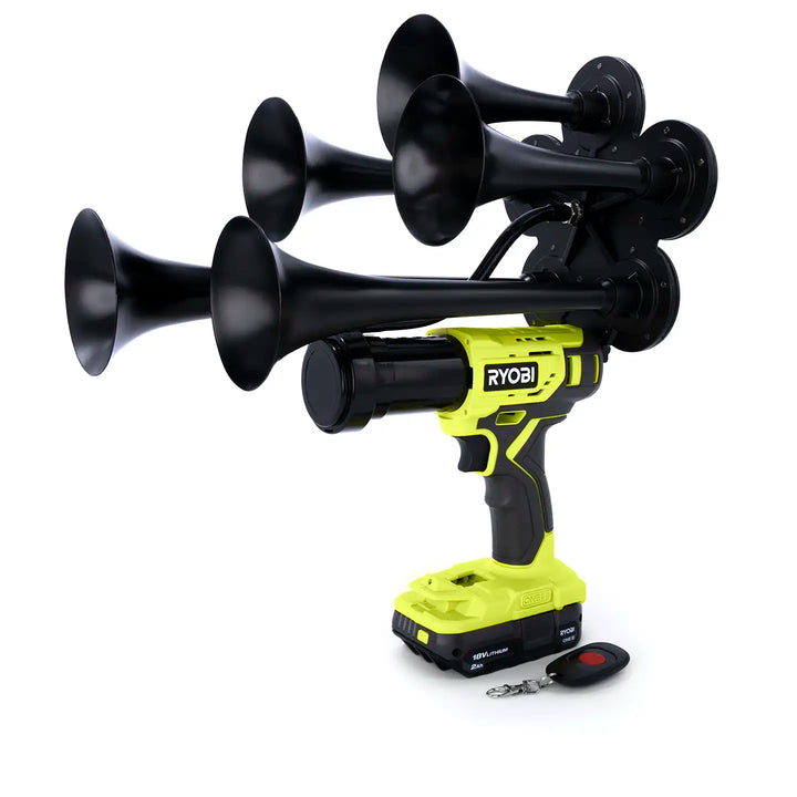 Handheld Ryobi Thunderstrike train horn quantiple 5 trumpet design ready to use out of the box