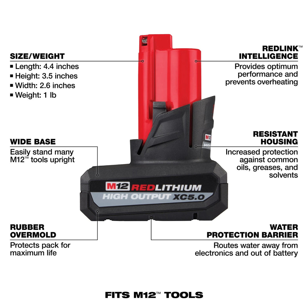 Milwaukee M12 REDLITHIUM HIGH OUTPUT XC5.0 5.0Ah 12V Lithium-Ion Battery 48-11-2450