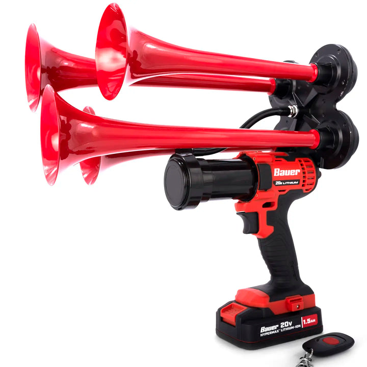 Train Horn for Bauer Batteries | Premium Extreme Edition red model with four metal trumpets and remote control