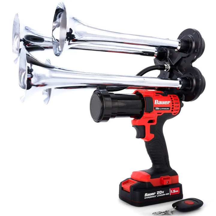 Train Horn for Bauer Batteries | Premium Extreme Edition silver model with four metal trumpets and remote control