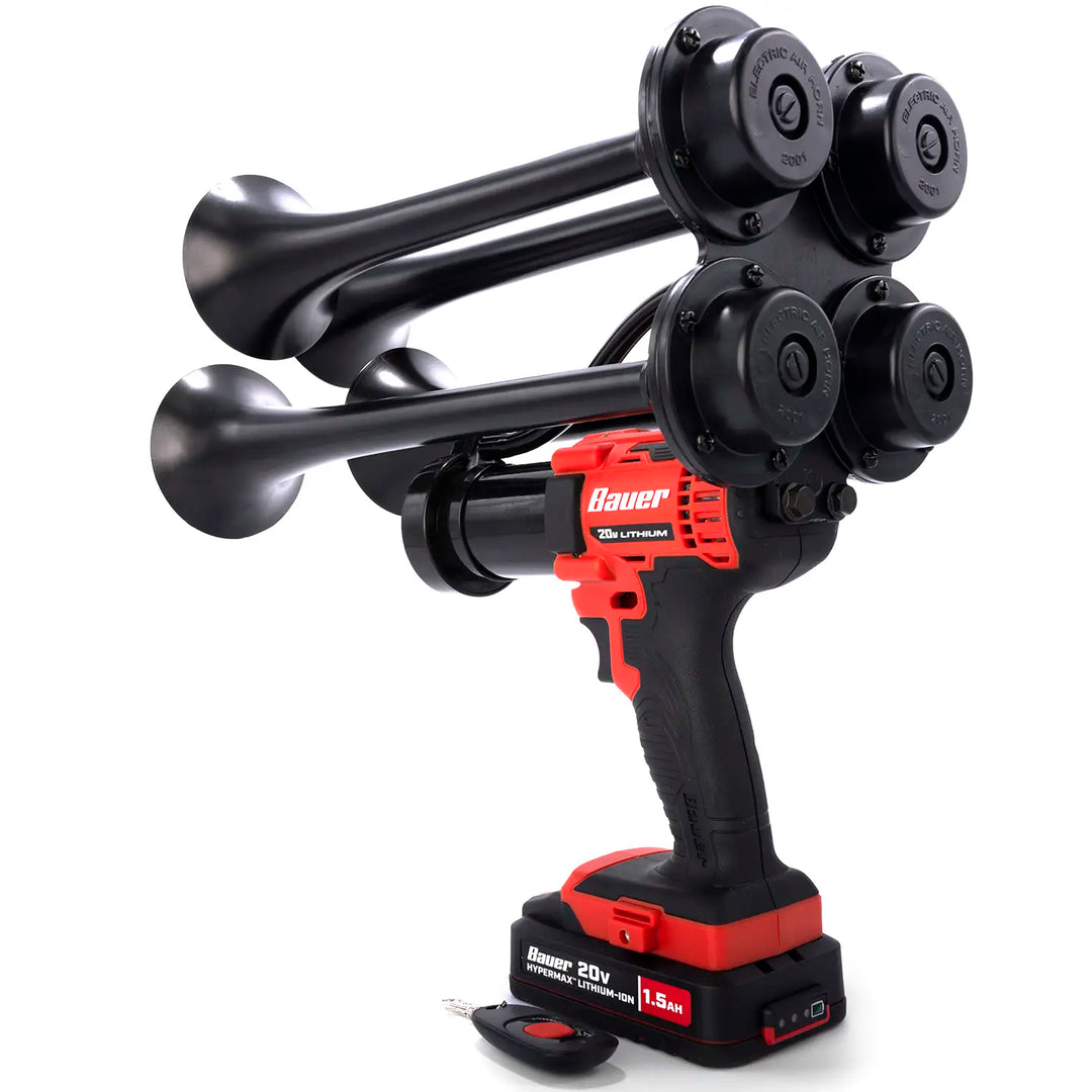 Train Horn for Bauer Batteries | Quad Pro Premium Extreme Edition black model with four metal trumpets and wireless remote