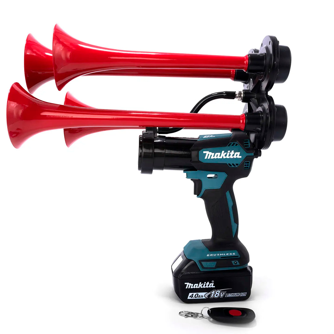 Train Horn for Makita Batteries | Handheld quad pro red air horn with remote and extended trumpets