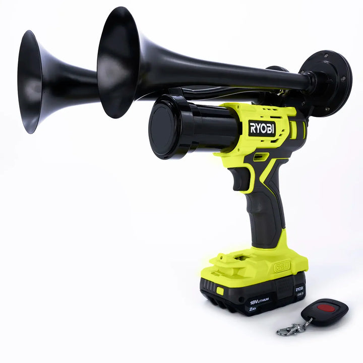 Train Horn for Ryobi Batteries |  Compact Dual Model with two metal trumpets and wireless remote control