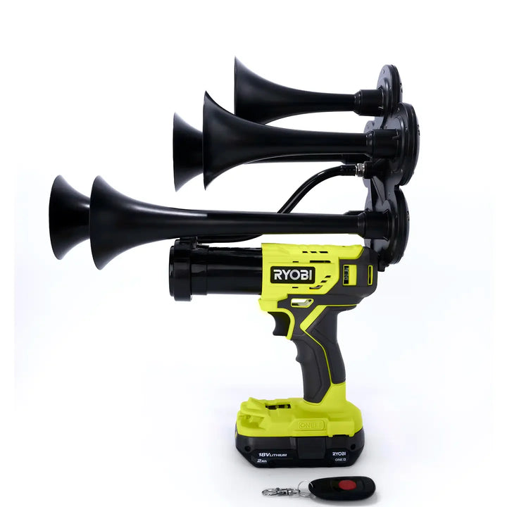 Train Horn for Ryobi Batteries | Thunderstrike 5-Trumpet Quantiple train horn built from genuine 18V impact tool with remote control