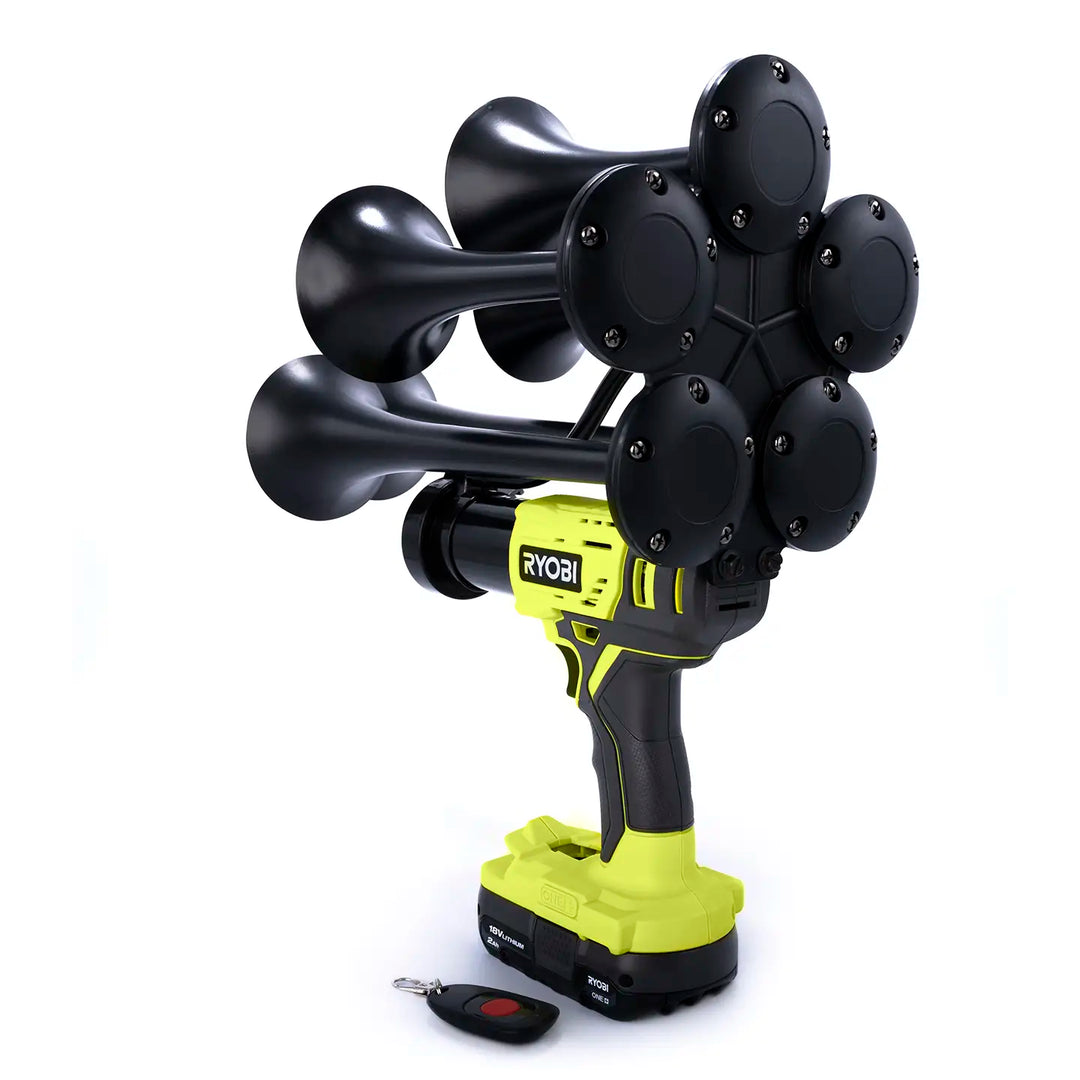 Train Horn for Ryobi Batteries | Portable Ryobi 18V cordless air horn Quantiple model with five metal trumpets
