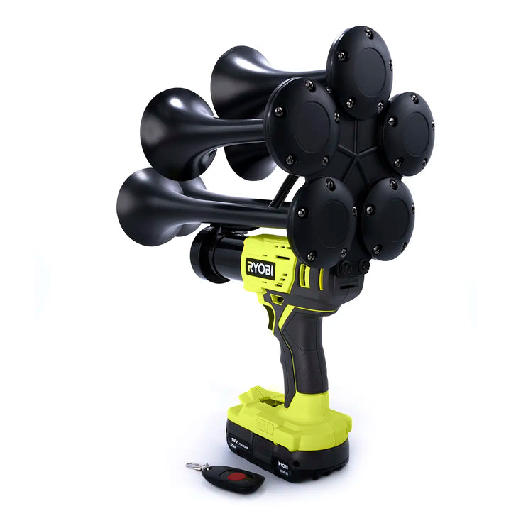 Train Horn for Ryobi Batteries | Portable Ryobi 18V cordless air horn Quantiple model with five metal trumpets